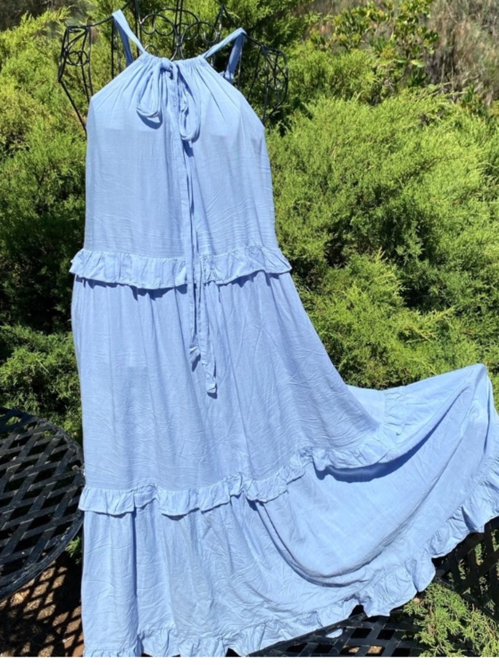 Sleeveless Light Blue Tiered Midi Dress with Tie Neck - Picture 1 of 11
